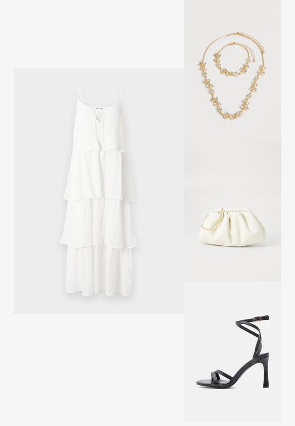 Robe blanche à volants en tissu texturé, avec de fines bretelles spaghetti et un détail noué au niveau du col.; Sandales à talons hauts noires au design élégant, avec deux fines brides sur les orteils et une bride croisée à la cheville avec une boucle.; Sac à main en cuir blanc avec un design plissé, doté d'une bandoulière en chaîne dorée et d'une forme arrondie. Texture lisse avec des plis doux et sans motifs.; Ensemble collier et bracelet ton or avec motifs floraux et feuilles en cristal clair, tous deux avec fermoirs chaîne réglables sur fond blanc.