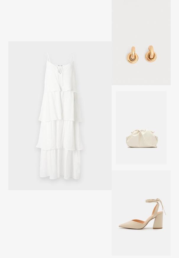 Robe blanche à volants en tissu texturé, avec de fines bretelles spaghetti et un détail noué au niveau du col.; Chaussure à talons aiguilles beige avec un bout pointu, une bride de cheville et un large talon bloc. Matériau synthétique lisse avec une finition mate.; Pochette en cuir souple couleur crème avec un design froncé et une fine bandoulière reposant à l’avant sur un fond uni.; Paire de boucles d'oreilles créoles dorées et brillantes avec des maillons circulaires épais sur un fond gris clair uni.