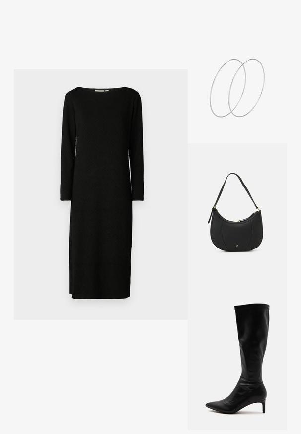 Vestido negro de manga larga con un patrón texturizado, escote barco y corte recto, que llega por debajo de la rodilla. Sin cierres ni adornos visibles.; Bota de cuero negra hasta la rodilla con punta puntiaguda y tacón medio delgado sobre un fondo claro y liso.; Bolso de mano de cuero negro con forma curva, superficie texturizada, costuras frontales y un logo en tono dorado. Cuenta con una sola correa ajustable.; Pendientes de aro plateados con un diseño minimalista. Forma circular, textura suave y perfil delgado. Livianos con un acabado pulido.