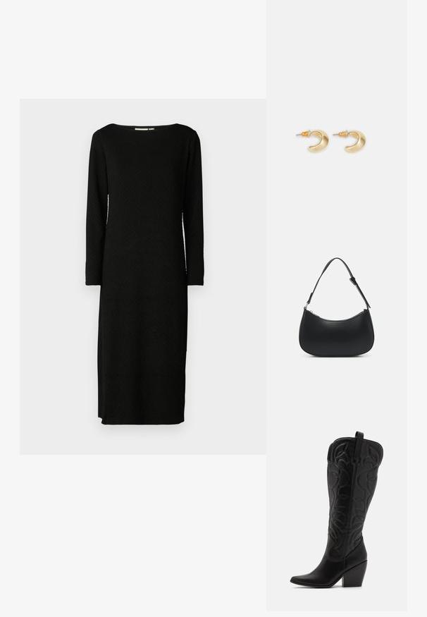 Vestido negro de manga larga con un patrón texturizado, escote barco y corte recto, que llega por debajo de la rodilla. Sin cierres ni adornos visibles.; Botas negras de cuero hasta la rodilla con punta puntiaguda y tacón apilado. Presentan costuras decorativas y elementos de diseño curvados.; Pieces PCALUANA SHOULDER BAG - Bolso de mano - black; Pendientes en forma de media luna de oro con un acabado suave, que presentan acentos naranjas cerca del pasador y herrajes de plata.
