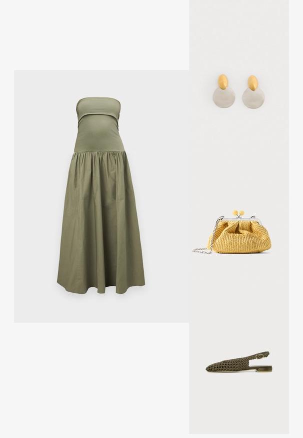 Robe maxi verte olive sans bretelles avec corsage ajusté et jupe ample et fluide, présentée sur un fond gris clair.; Chaussure slingback plate tissée vert olive avec un petit talon carré et une bride à boucle dorée réglable.; Petit sac à main tissé jaune avec cadre argenté, deux fermoirs boules jaunes et une bandoulière chaîne argentée sur fond blanc.; Boucles d'oreilles en métal doré et argenté avec une base en disque rond et une pièce supérieure ovale, texture lisse et finition polie.