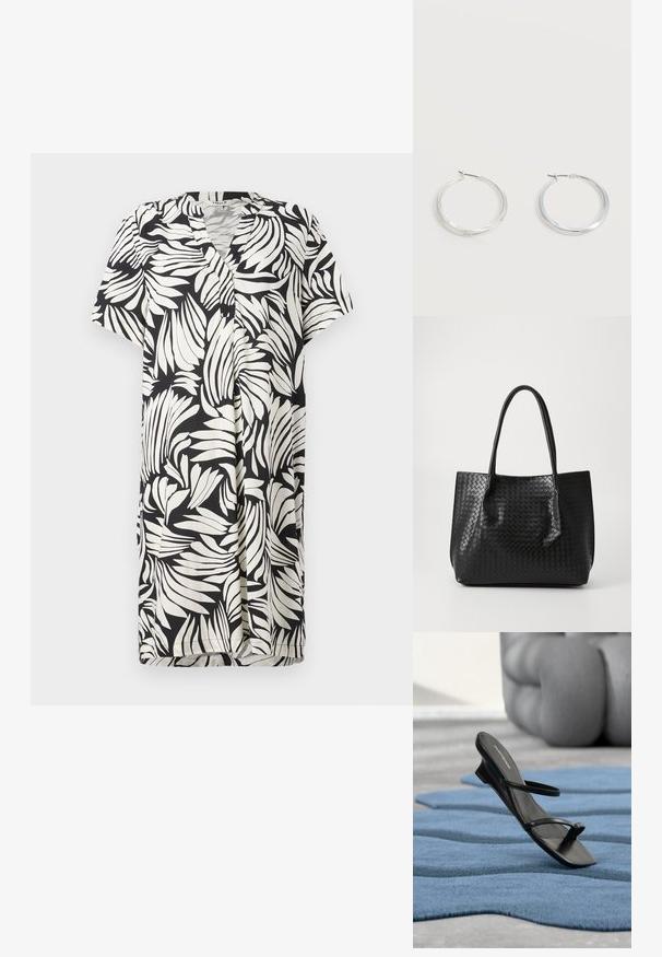 Short-sleeve mekko, jossa on V-pääntie, musta-valkoinen lehtikuosi kevyessä kankaassa, napitus ja rento istuvuus.; Musta remmillä varvastakertova sandaali esillä sinisellä kuvioidulla matolla, taustalla suuri harmaa koriste-esine sumeana.; Musta kudottu nahkakassi, jossa on kaksi kantohihnaa, jämäkkä muoto ja hienovarainen kiiltävä pinta vaalealla taustalla.; Hopeiset metalliset renkaskorvakorut, joissa on sileä, hieman kaareva pinta ja lukolliset takakiinnitykset yksinkertaisella valkoisella taustalla.