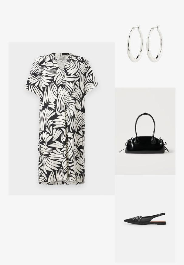 Lühikeste varukatega kleit V-kaelusega, millel on mustvalge lehe muster kergel kangal, nööpvalik ja mugav lõige.; Must must nahk slingback tasase jala king, terav nina, millel on kaks horisontaalset rihma ja ruudukujulised hõbedased sanga, madal konts ja sile tekstuur.; Väike must läikiv käekott kahe pika sangaga ja külgedel paelakinnitustega, ühel lihtsal helel taustal.; Hõbedased rõngaskõrvarõngad siledast ja läikivast viimistlusest. Ringikujuline, sisaldab kindlat kinnitust. Lihtne ja elegantne disain.