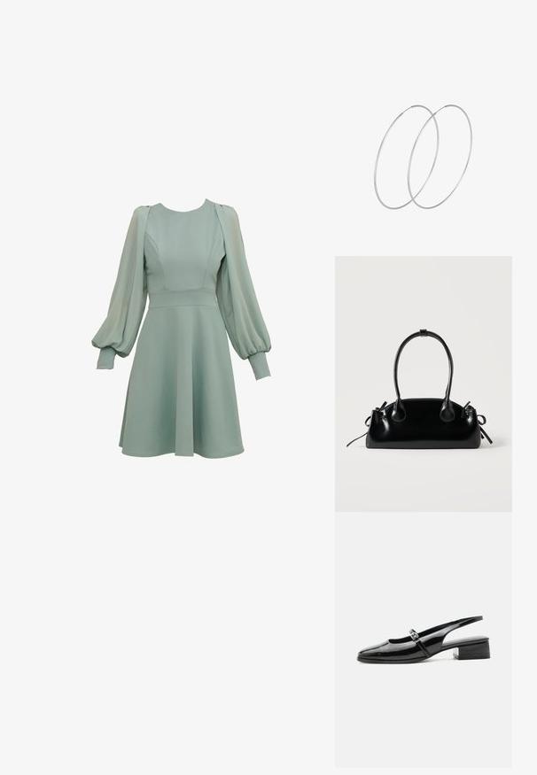Minzgrünes Kleid mit Ballonärmeln, tailliertem Oberteil und ausgestellten Rock. Hergestellt aus glattem Stoff mit dezenten Nähten und Bündchen.; Schwarzer Slingback-Schuh aus Lackleder mit niedrigem Blockabsatz und dünnem Riemen mit silberner Schnalle oben.; Kleine schwarze glänzende Handtasche mit zwei langen Griffen und seitlichen Kordelzug-Details vor einfachem hellem Hintergrund.; Silberne Creolen mit minimalistischem Design. Rundform, glatte Oberfläche und dünnes Profil. Leichtgewichtig mit hochglänzender Oberfläche.