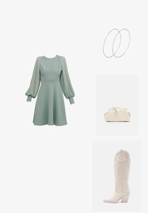 Minzgrünes Kleid mit Ballonärmeln, tailliertem Oberteil und ausgestellten Rock. Hergestellt aus glattem Stoff mit dezenten Nähten und Bündchen.; Weiße Leder-Cowboystiefel mit spitzer Zehe und blockiertem Absatz. Sie verfügen über aufwendige Steppmuster am Schaft und eine glatte Textur.; Weiche, cremefarbene Leder-Clutch mit gerafftem Design und einem dünnen Schulterriemen, der vorne auf einem schlichten Hintergrund liegt.; Silberne Creolen mit minimalistischem Design. Rundform, glatte Oberfläche und dünnes Profil. Leichtgewichtig mit hochglänzender Oberfläche.