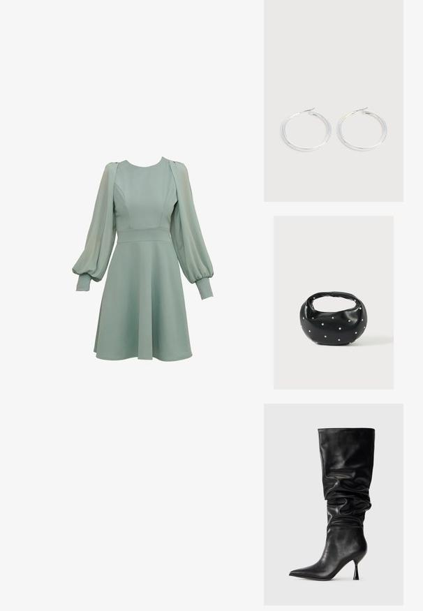 Minzgrünes Kleid mit Ballonärmeln, tailliertem Oberteil und ausgestellten Rock. Hergestellt aus glattem Stoff mit dezenten Nähten und Bündchen.; Schwarze Lederstiefel bis zum Knie mit einem lässigen Design, spitzem Zehenbereich und dünnem Stiletto-Absatz. Sie verfügen über eine glatte Textur und minimale Akzente.; Schwarze Lederhandtasche mit abgerundeter Form, verziert mit silbernen Nietenakzenten und kurzem Griff. Glatte Struktur und Reißverschlussverschluss.; Paar glänzende silberne Creolen mit dünnen Drahtverschlüssen, dargestellt vor einem hellgrauen Hintergrund.