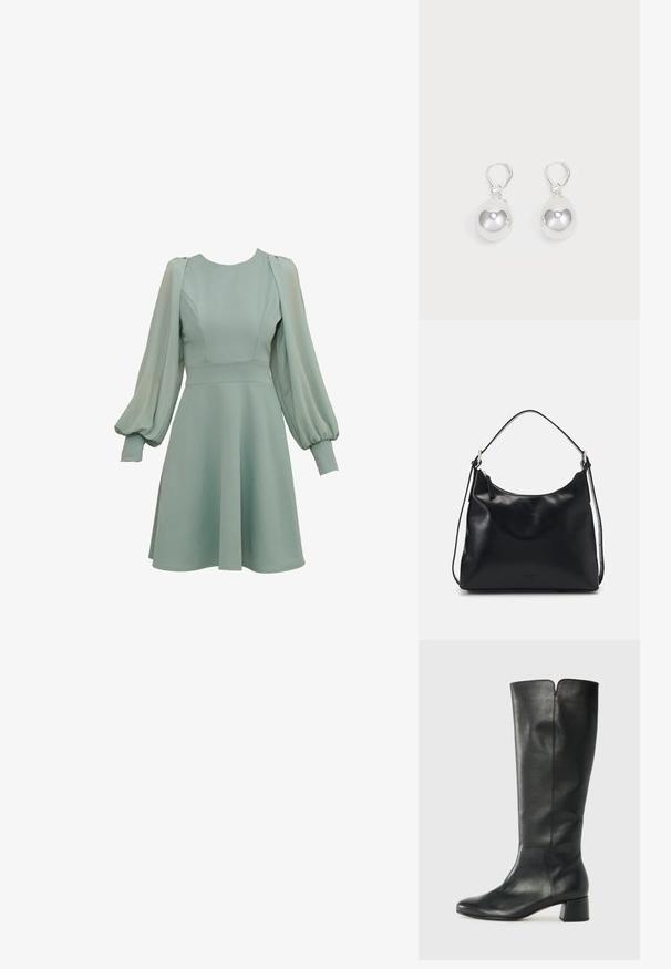 Mintgroene jurk met ballonmouwen, getailleerde taille en uitlopende rok. Gemaakt van gladde stof, met subtiele naden en manchetten.; Zwarte leren kniehoge laars met een blokhak, gladde textuur, minimalistisch ontwerp en een subtiele V-snede aan de bovenkant.; Jonge vrouw met lang zwart haar zit op een houten blok, draagt een crèmekleurige outfit en houdt een zwarte leren schoudertas over haar borst.; Zilveren druppeloorbellen met gladde, ronde, reflecterende oppervlakken die hangen aan klapring-sluitingen. Achtergrond is puur wit.