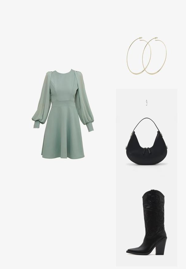 Minzgrünes Kleid mit Ballonärmeln, tailliertem Oberteil und ausgestellten Rock. Hergestellt aus glattem Stoff mit dezenten Nähten und Bündchen.; Simmi London DANIQUE - High Heel Stiefel - black; Schwarze Lederhandtasche mit geschwungener Form, Reißverschluss, zwei schwarzen Quasten und silbernen Hardware-Akzenten, einschließlich eines einzigartigen Befestigungsdetails.; Pilgrim Ohrringe - gold-coloured