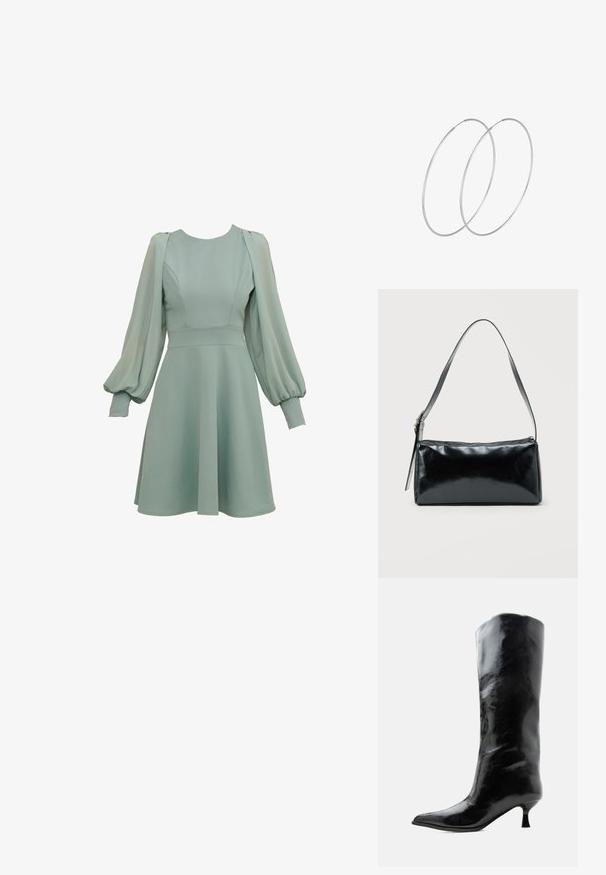 Mintgroene jurk met ballonmouwen, getailleerde taille en uitlopende rok. Gemaakt van gladde stof, met subtiele naden en manchetten.; Zwarte glanzende kniehoge leren laars met puntige neus en lage gebogen hak op een effen lichte achtergrond.; Zwarte rechthoekige schoudertas met een enkele verstelbare band en een bovenste ritssluiting op een effen achtergrond.; Zilveren hoepel oorbellen met een minimalistisch ontwerp. Cirkelvormig, gladde textuur en dun profiel. Lichtgewicht met een gepolijste afwerking.