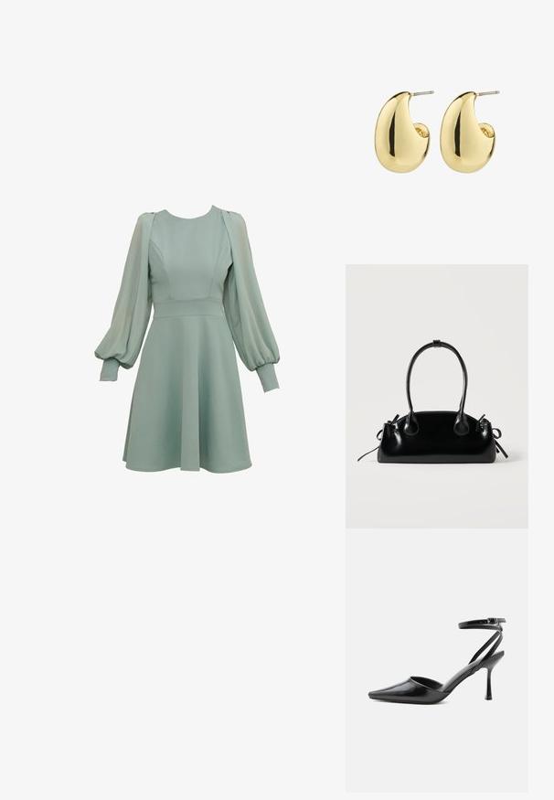 Mintgroene jurk met ballonmouwen, getailleerde taille en uitlopende rok. Gemaakt van gladde stof, met subtiele naden en manchetten.; Zwarte pumps met puntige neus, dunne enkelbandjes en een zilveren gesp op een effen lichte achtergrond.; Kleine zwarte glanzende handtas met twee lange hengsels en zijkant trekkoord details op een effen lichte achtergrond.; Gouden studs met een gladde, gepolijste afwerking, in een abstracte, druppelvorm. Eenvoudige metalen achterzijde voor bevestiging.