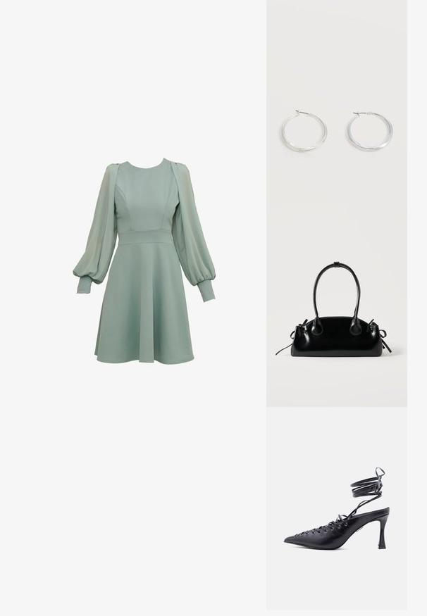 Robe vert menthe avec des manches ballon, corsage ajusté et jupe évasée. Confectionnée en tissu lisse, avec des coutures et des poignets subtils.; Chaussure à talon haut noire à bout pointu avec brides enveloppantes autour de la cheville et plusieurs œillets sur le devant pour laçage.; Petit sac à main noir brillant avec deux longues anses et des détails à cordon sur les côtés sur un fond clair uni.; Boucles d’oreilles créoles en métal argenté avec une surface lisse légèrement incurvée et des fermoirs à clapet sur un fond blanc uni.
