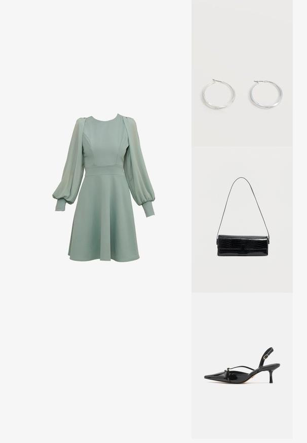 Mintgroene jurk met ballonmouwen, getailleerde taille en uitlopende rok. Gemaakt van gladde stof, met subtiele naden en manchetten.; ALDO MARIETTA PILLOW WALK - Klassieke pumps - black; Zwarte schoudertas van imitatie-krokodillenleer, rechthoekige vorm, glanzende textuur, met een dunne verstelbare schouderriem en een voorflap met sluiting.; Zilverkleurige metalen creolen oorbellen met een glad, licht gebogen oppervlak en sluitingen met haaksluiting op een effen witte achtergrond.