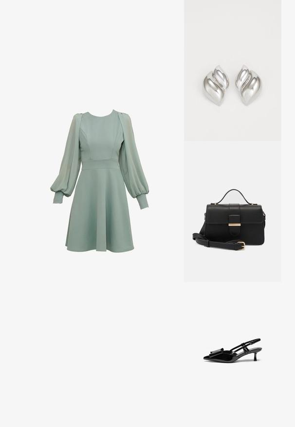 Vestido verde menta con mangas abullonadas, corsé ajustado y falda acampanada. Hecho de una tela suave, con costuras y puños sutiles.; Zapatos de tacón slingback de charol negro con punta afilada, detalle de lazo en el frente y un pequeño tacón de aguja. Las correas tienen hebillas ajustables.; Bolso de mano de cuero negro con acentos metálicos dorados, forma rectangular, cierre con solapa, correa de hombro ajustable, textura suave, diseño minimalista.; Pendientes de plata con una forma orgánica y abstracta. Superficie lisa y brillante con un diseño cónico. Presentan suaves curvas y un detalle de línea central.