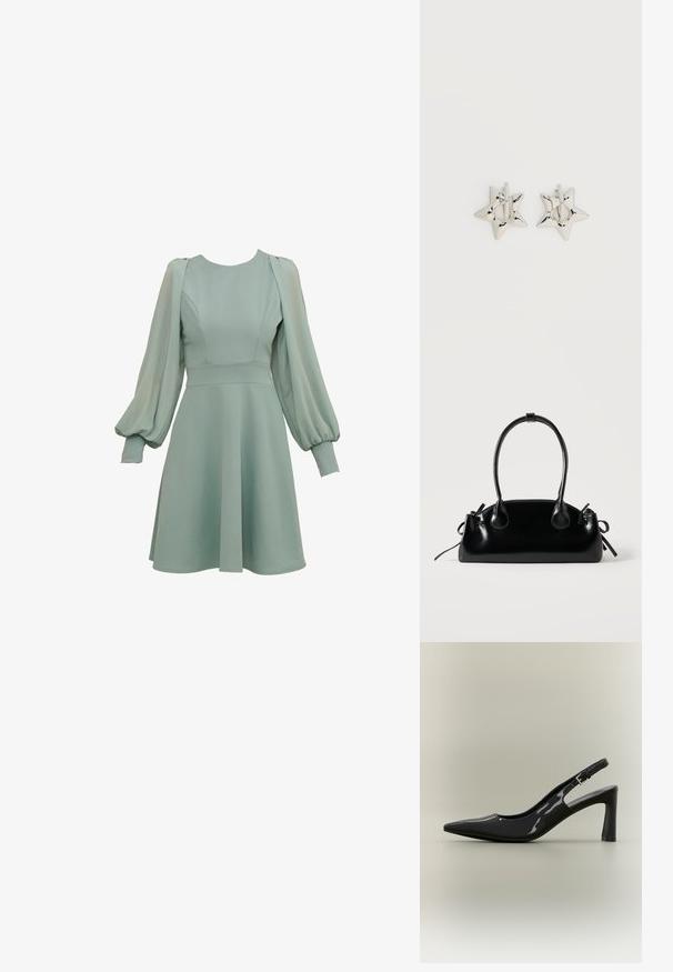 Vestido verde menta con mangas abullonadas, corsé ajustado y falda acampanada. Hecho de una tela suave, con costuras y puños sutiles.; Zapato de salón slingback de piel charol negra con punta afilada, tacón bloque de altura media y correa ajustable con hebilla.; Pequeño bolso negro brillante con dos asas largas y detalles de cordón lateral sobre un fondo claro liso.; Pendientes de aro plateados en forma de estrella con un acabado liso y pulido sobre un fondo blanco liso.