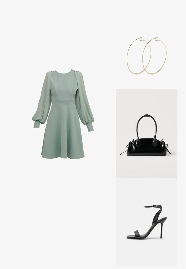 Minzgrünes Kleid mit Ballonärmeln, tailliertem Oberteil und ausgestellten Rock. Hergestellt aus glattem Stoff mit dezenten Nähten und Bündchen.; Schwarze High-Heels-Sandalen mit schlankem Knöchelriemen und zwei vorderen Riemen. Aus glattem Leder gefertigt, mit einer eleganten spitzen Zehenform und einem Stiletto-Absatz.; Kleine schwarze glänzende Handtasche mit zwei langen Griffen und seitlichen Kordelzug-Details vor einfachem hellem Hintergrund.; Pilgrim Ohrringe - gold-coloured