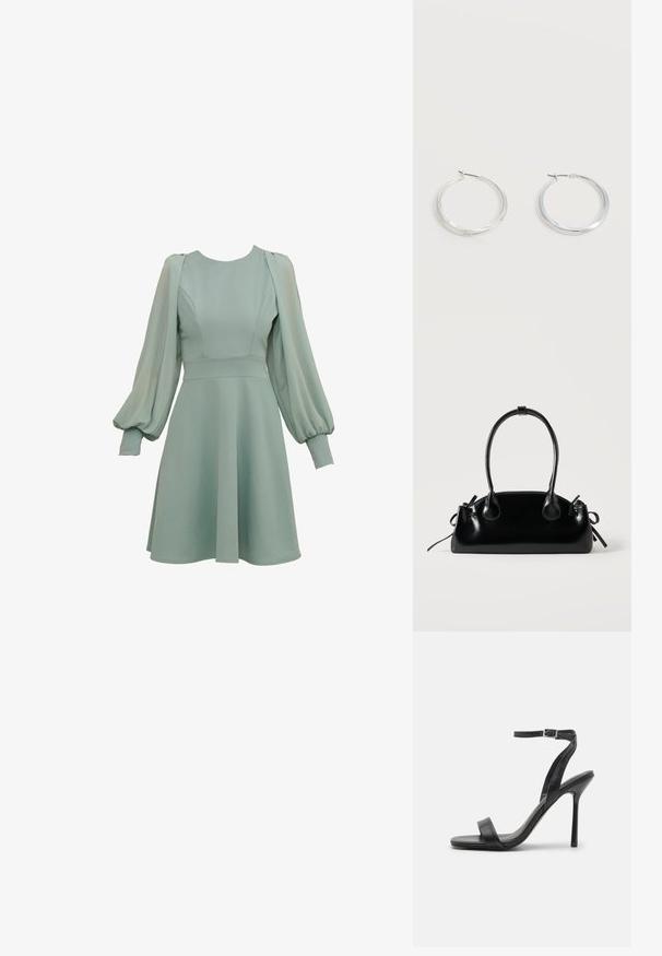 Minzgrünes Kleid mit Ballonärmeln, tailliertem Oberteil und ausgestellten Rock. Hergestellt aus glattem Stoff mit dezenten Nähten und Bündchen.; Schwarze High-Heels-Sandalen mit schlankem Knöchelriemen und zwei vorderen Riemen. Aus glattem Leder gefertigt, mit einer eleganten spitzen Zehenform und einem Stiletto-Absatz.; Kleine schwarze glänzende Handtasche mit zwei langen Griffen und seitlichen Kordelzug-Details vor einfachem hellem Hintergrund.; Silberne Metallcreolen mit glatter, leicht gebogener Oberfläche und Klappverschluss vor schlicht weißem Hintergrund.