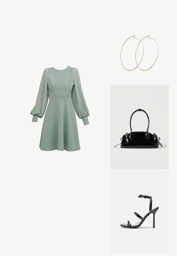 Minzgrünes Kleid mit Ballonärmeln, tailliertem Oberteil und ausgestellten Rock. Hergestellt aus glattem Stoff mit dezenten Nähten und Bündchen.; Schwarze Lackleder-High-Heel-Sandalen mit drei horizontalen Riemen und einem verstellbaren Knöchelriemen. Schlanke Silhouette und glänzende Oberfläche.; Kleine schwarze glänzende Handtasche mit zwei langen Griffen und seitlichen Kordelzug-Details vor einfachem hellem Hintergrund.; Pilgrim Ohrringe - gold-coloured