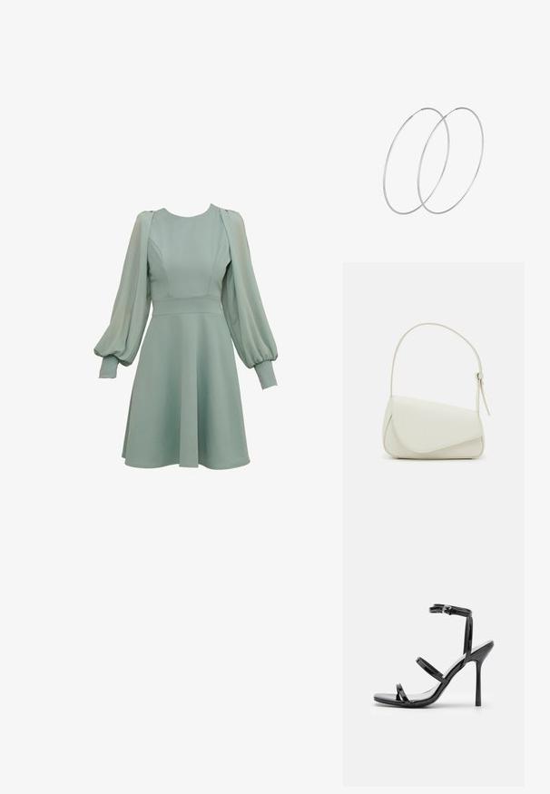 Vestido verde menta con mangas abullonadas, corsé ajustado y falda acampanada. Hecho de una tela suave, con costuras y puños sutiles.; Sandalias de tacón alto de charol negro con tres tiras horizontales y una correa en el tobillo ajustable. Silueta elegante y acabado brillante.; Bolso de mano de imitación cuero blanco con una forma triangular estructurada, correa ajustable única y cierre con solapa acentuada en curva.; Pendientes de aro plateados con un diseño minimalista. Forma circular, textura suave y perfil delgado. Livianos con un acabado pulido.