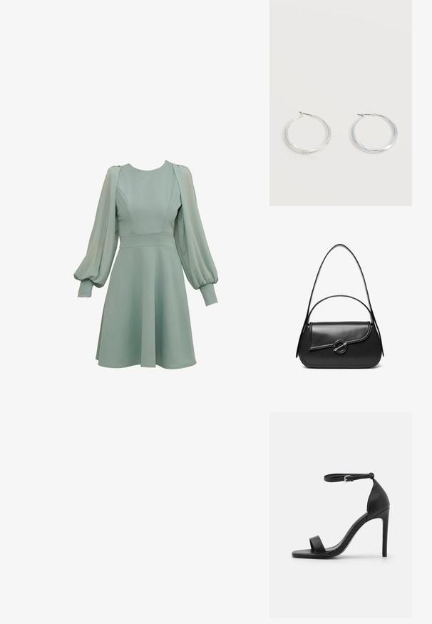 Vestido verde menta con mangas abullonadas, corsé ajustado y falda acampanada. Hecho de una tela suave, con costuras y puños sutiles.; Sandalia de tacón alto negra con un diseño elegante, que cuenta con una correa en el tobillo, punta abierta y una textura de cuero suave.; Bolso de hombro de cuero negro con una solapa curva asegurada por un broche metálico redondo y una correa delgada y ajustable.; Pendientes de aro de metal plateado con superficie lisa y ligeramente curvada y cierre de tipo mosquetón sobre un fondo blanco liso.