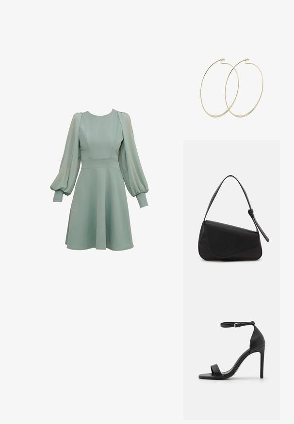 Mintgrøn kjole med ballonærmer, tætsiddende liv og udvidet skørt. Lavet af glat stof, med diskrete sømme og manchetter.; Sort højhælet sandal med et sleek design, der har en ankelrem, åben tå og glat lædertekstur.; Sort læderhåndtaske med en triangular form, skrå klap og et rundt håndtag. Har en glat overflade og minimalistiske design detaljer.; Pilgrim Øreringe - gold-coloured