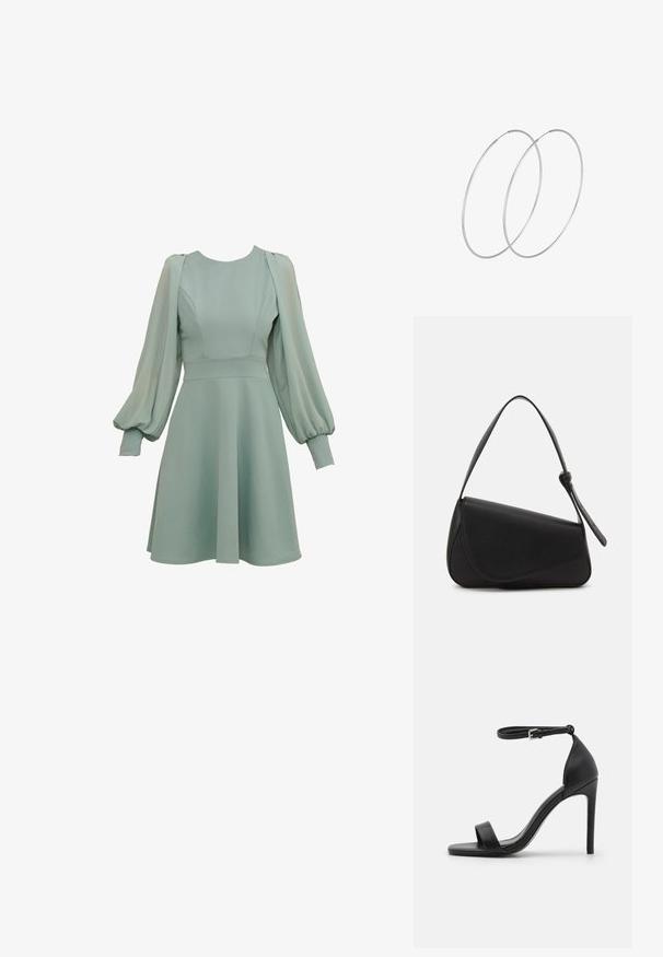 Robe vert menthe avec des manches ballon, corsage ajusté et jupe évasée. Confectionnée en tissu lisse, avec des coutures et des poignets subtils.; Sandale noire à talons hauts au design épuré, avec une bride au niveau de la cheville, un bout ouvert et une texture en cuir lisse.; Sac à main en cuir noir de forme triangulaire, avec un rabat incliné et une poignée supérieure arrondie. Il présente une texture lisse et des détails de design minimalistes.; Boucles d'oreilles en argent au design minimaliste. Forme circulaire, texture lisse et profil fin. Légères avec une finition polie.