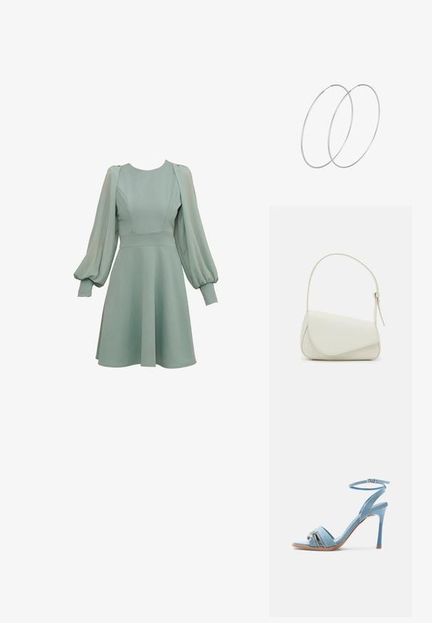 Mintgroene jurk met ballonmouwen, getailleerde taille en uitlopende rok. Gemaakt van gladde stof, met subtiele naden en manchetten.; Lichtblauwe denim hooggehakte sandaal met enkelriem, open teen en zilveren rits- en sierdetail op de voorste band.; Witte nepleren handtas met een gestructureerde driehoekige vorm, een enkele verstelbare schouderriem en een klep met ronde accenten.; Zilveren hoepel oorbellen met een minimalistisch ontwerp. Cirkelvormig, gladde textuur en dun profiel. Lichtgewicht met een gepolijste afwerking.
