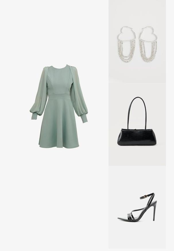 Mintgroene jurk met ballonmouwen, getailleerde taille en uitlopende rok. Gemaakt van gladde stof, met subtiele naden en manchetten.; Zwarte sandaal met hoge hak en dunne bandjes over de tenen en om de enkel, met een gouden gesp op een slanke naaldhak.; Zwarte rechthoekige schoudertas met lange dunne banden en een gladde, glanzende textuur op een effen achtergrond.; Zilveren oorringen in de vorm van een hart, versierd met watervalletjes van heldere rhinestones voor extra sprankeling en textuur.