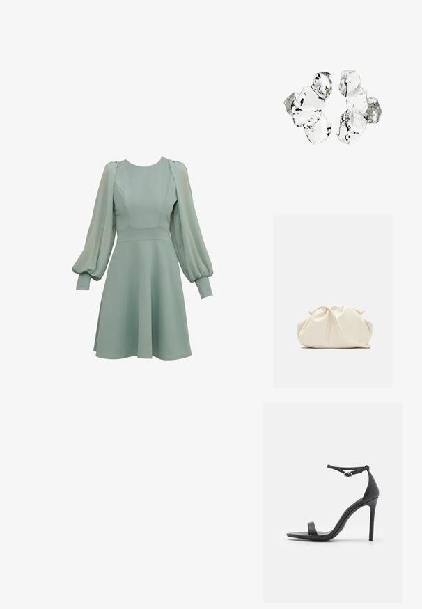 Minzgrünes Kleid mit Ballonärmeln, tailliertem Oberteil und ausgestellten Rock. Hergestellt aus glattem Stoff mit dezenten Nähten und Bündchen.; Schwarze High Heels Sandalen mit offener Zehe, dünnen Riemen und Knöchelverschluss. Glatte Ledertextur mit spitzem Zehendesign.; Weiche, cremefarbene Leder-Clutch mit gerafftem Design und einem dünnen Schulterriemen, der vorne auf einem schlichten Hintergrund liegt.; Cluster von sechs unregelmäßig geformten, transluzenten und reflektierenden glasähnlichen Stücken, angeordnet auf weißem Hintergrund.