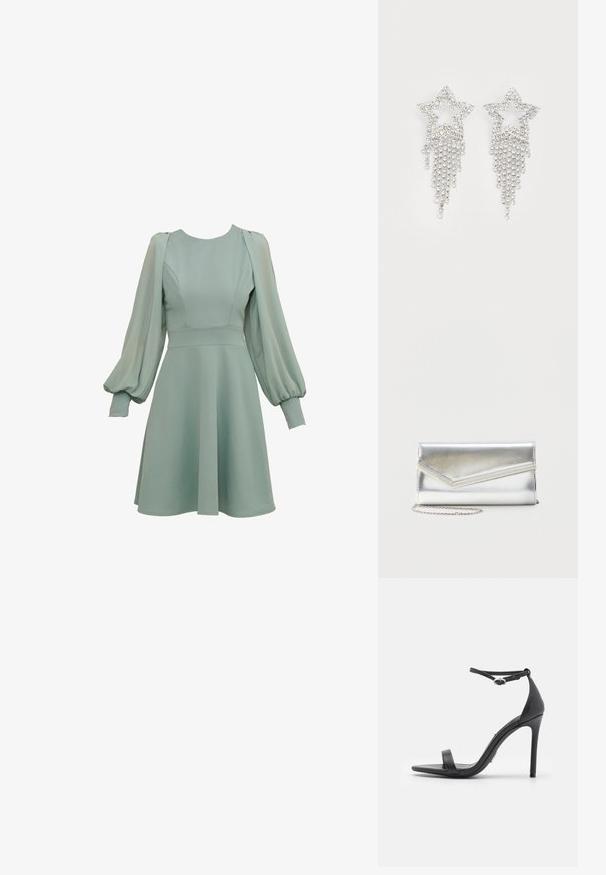 Vestido verde menta con mangas abullonadas, corsé ajustado y falda acampanada. Hecho de una tela suave, con costuras y puños sutiles.; Sandalias de tacón alto negras con punta abierta, tiras delgadas y hebilla en el tobillo. Textura de cuero suave con un diseño de punta afilada.; Bolso clutch plateado brillante con solapa de estilo sobre y adorno decorativo, pequeña correa de cadena plateada, sobre fondo liso claro.; Pendientes en forma de estrella con strass y detalles de flecos en cascada, con un tono plateado y una superficie brillante y reflectante. Forma de estrella con un diseño intrincado.