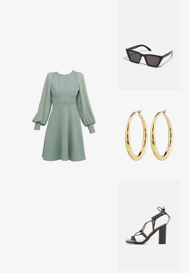 Mintgroene jurk met ballonmouwen, getailleerde taille en uitlopende rok. Gemaakt van gladde stof, met subtiele naden en manchetten.; DeeZee Sandalen met hoge hak - black; Zwarte, hoekige zonnebril met grijze lenzen; gemaakt van plastic, met dikke armen met een gladde oppervlakte en zonder zichtbare hardware.; Gouden creolen met een gladde, gepolijst afwerking. Cirkelvormig, met een veilige sluiting aan de bovenkant. Het oppervlak weerkaatst licht.