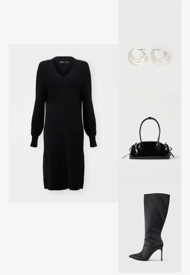 Schwarzes Strickkleid mit V-Ausschnitt, langen Ballonärmeln und seitlichen Schlitzen. Der Stoff hat eine weiche Textur und eine lockere Silhouette.; Schwarzer kniehoher Stiletto-Stiefel aus glattem, elegantem Material; spitze Zehe; enganliegend mit subtilen Falten nahe dem Knöchel; glänzender Absatz.; Kleine schwarze glänzende Handtasche mit zwei langen Griffen und seitlichen Kordelzug-Details vor einfachem hellem Hintergrund.; Silberne Creolen mit drei geschichteten halbkreisförmigen Bändern, eines davon verziert mit kleinen klaren Kristallen auf hellem Hintergrund.