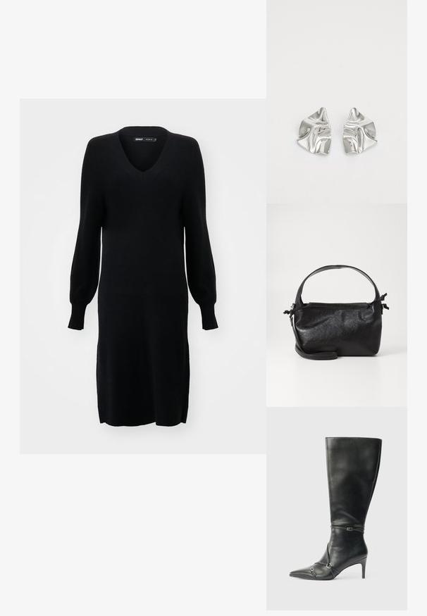 Schwarzes Strickkleid mit V-Ausschnitt, langen Ballonärmeln und seitlichen Schlitzen. Der Stoff hat eine weiche Textur und eine lockere Silhouette.; Schwarze kniehohe Lederstiefel mit schlankem Absatz, spitz zulaufender Spitze und Riemendetails am Knöchel. Glatte Textur und eng anliegendes Design.; Schwarze Lederhandtasche mit strukturiertem Design, rundem Haltegriff und abnehmbarem Schulterriemen. Sie weist eine glatte Oberfläche und einen subtilen Glanz auf.; Silberne Metallohrringe mit einem wellenförmigen, skulpturalen Design, das eine polierte Oberfläche und unregelmäßige Formen aufweist, die eine zeitgenössische Ästhetik betonen.