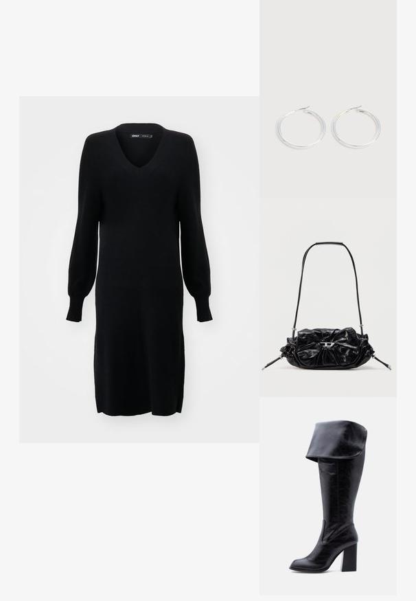 Schwarzes Strickkleid mit V-Ausschnitt, langen Ballonärmeln und seitlichen Schlitzen. Der Stoff hat eine weiche Textur und eine lockere Silhouette.; Hoher schwarzer Lederstiefel mit Absatz, umgeschlagenem Umschlag und abgerundetem Zehenbereich, steht aufrecht auf weißem Hintergrund.; Schwarze Lederhandtasche mit gerafftem Design und Schleifendetail auf der Vorderseite. Verfügt über einen kurzen Griff und silberne Hardware-Akzente.; Paar glänzende silberne Creolen mit dünnen Drahtverschlüssen, dargestellt vor einem hellgrauen Hintergrund.