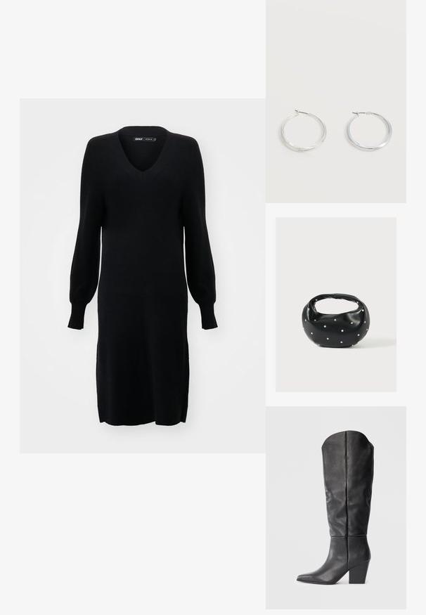 Schwarzes Strickkleid mit V-Ausschnitt, langen Ballonärmeln und seitlichen Schlitzen. Der Stoff hat eine weiche Textur und eine lockere Silhouette.; Schwarze kniehohe Stiefel aus Leder mit spitzem Zeh und blockigem Absatz. Das Design zeichnet sich durch eine glatte Textur und minimalistische Linien aus.; Schwarze Lederhandtasche mit abgerundeter Form, verziert mit silbernen Nietenakzenten und kurzem Griff. Glatte Struktur und Reißverschlussverschluss.; Silberne Metallcreolen mit glatter, leicht gebogener Oberfläche und Klappverschluss vor schlicht weißem Hintergrund.