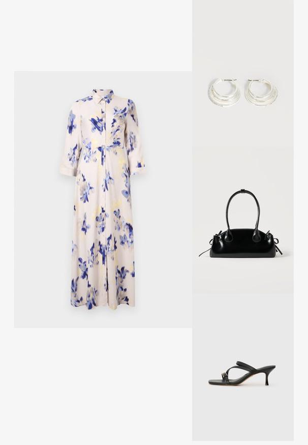 Bloemen lange jurk met blauwe en gele bloesems op een lichte achtergrond, met een knoopsluiting aan de voorkant en een kraag.; Zwarte haksandalen met een vierkante neus, twee kruissende banden, een gouden gespaccent en een slanke hoge hak. Gladde leren textuur.; Kleine zwarte glanzende handtas met twee lange hengsels en zijkant trekkoord details op een effen lichte achtergrond.; Zilveren oorringen met drie gelaagde halve cirkelvormige banden, waarvan één versierd met kleine heldere kristallen op een lichte achtergrond.
