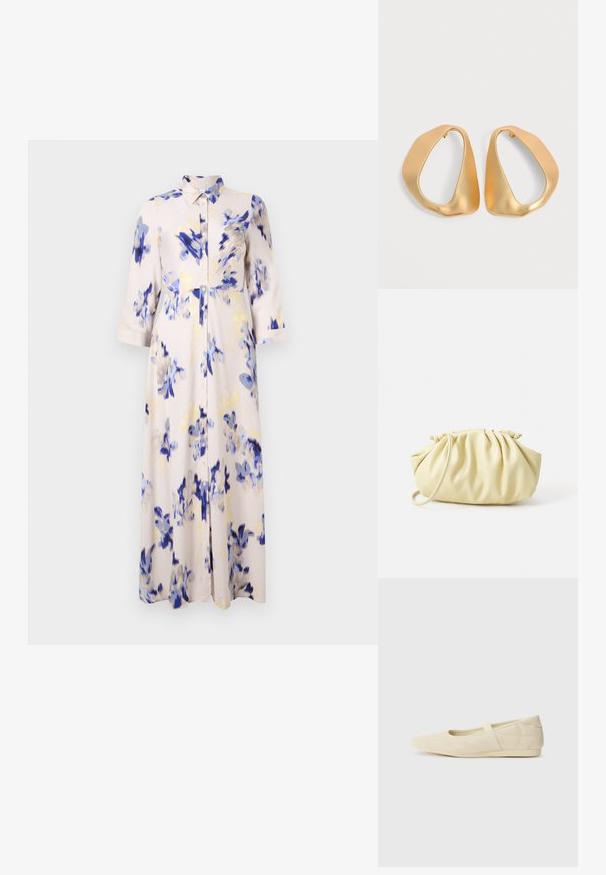 Ein florales langes Kleid mit blauen und gelben Blumendrucken auf einem hellen Hintergrund, mit geknöpftem Frontverschluss und kragenförmigem Ausschnitt.; Beige Ballerinas aus glattem Leder mit mandelförmiger Zehenpartie und elastischem Riemen über dem Fußrücken, ausgestattet mit dezenten Nähtelementen.; Gelbe, gefaltete Handtasche aus glattem Kunstleder mit weicher Form, einzigem Schulterriemen und gerafftem Oberteil.; Paar unregelmäßiger, asymmetrischer goldener Creolen mit glatter, matter Oberfläche vor neutralem Hintergrund.