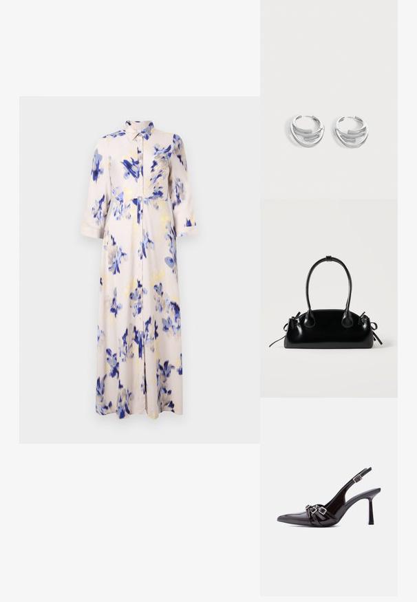 Ein florales langes Kleid mit blauen und gelben Blumendrucken auf einem hellen Hintergrund, mit geknöpftem Frontverschluss und kragenförmigem Ausschnitt.; Schwarzer Slingback-Hochschuh aus Lackleder mit spitzer Zehenpartie und drei dekorativen Schnallenriemen oben.; Kleine schwarze glänzende Handtasche mit zwei langen Griffen und seitlichen Kordelzug-Details vor einfachem hellem Hintergrund.; Paar polierte silberne Creolen mit geschichtetem, gebogenem Stabdesign auf einem einfarbigen hellen Hintergrund.