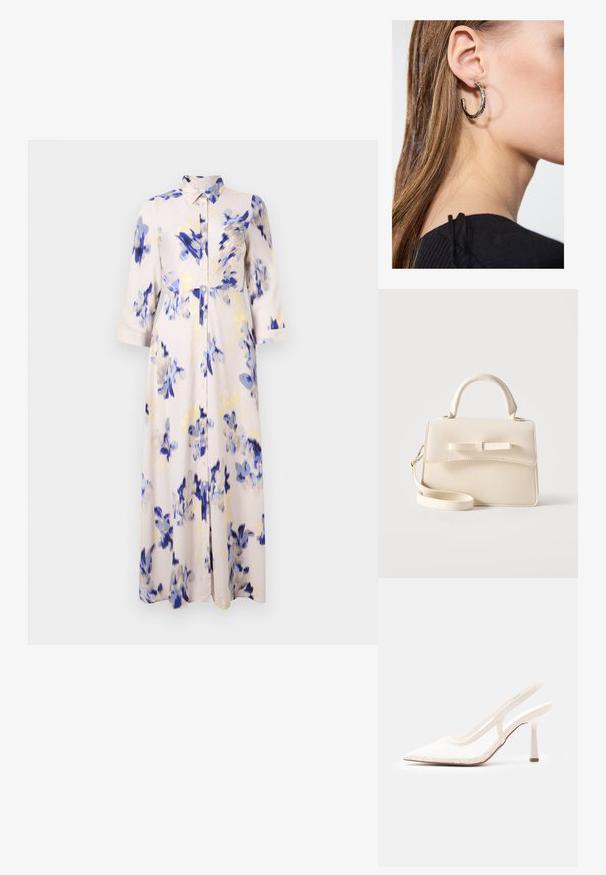 Bloemen lange jurk met blauwe en gele bloesems op een lichte achtergrond, met een knoopsluiting aan de voorkant en een kraag.; Witte slingback met spitse neus, hoge hak, bovenwerk van kanten mesh en een slanke hak op een effen lichtgrijze achtergrond.; Kleine beige handtas met bovenhandvat, afneembare riem, voorflap en decoratieve horizontale strik op een effen achtergrond.; Zilveren oorbel met een gepolijste afwerking, met kleine gouden accentdetails en een ronde vorm, gedragen op de oorlel.