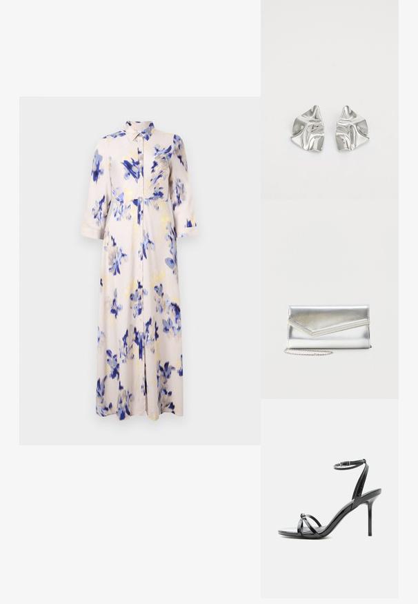 Ein florales langes Kleid mit blauen und gelben Blumendrucken auf einem hellen Hintergrund, mit geknöpftem Frontverschluss und kragenförmigem Ausschnitt.; Schwarze Sandale aus Lackleder mit hohen Absätzen, dünnen Riemen über den Zehen und einem Knöchelriemen mit Schnalle auf weißem Hintergrund.; Glänzende silberne Clutch mit Umschlagklappe und dekorativem Besatz, kleiner silberner Kettenriemen, auf einfachem hellem Hintergrund.; Silberne Metallohrringe mit einem wellenförmigen, skulpturalen Design, das eine polierte Oberfläche und unregelmäßige Formen aufweist, die eine zeitgenössische Ästhetik betonen.