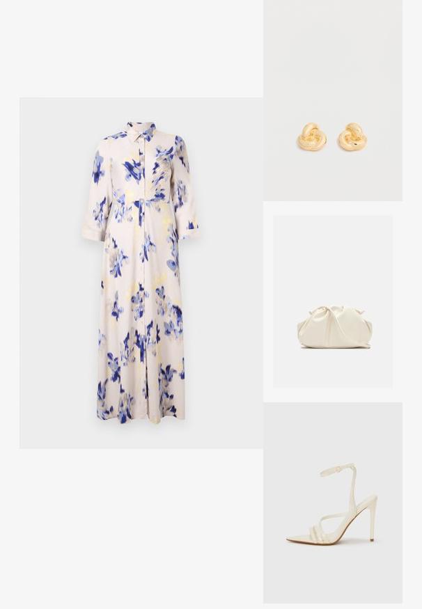 Bloemen lange jurk met blauwe en gele bloesems op een lichte achtergrond, met een knoopsluiting aan de voorkant en een kraag.; Beige sandalen met hoge hak en een puntige neus, voorzien van drie voorste bandjes en een dunne enkelband met een gesp. Gladde textuur, minimalistisch ontwerp.; Zachte, crèmekleurige leren clutch met geplooid, gerimpeld ontwerp en een dunne schouderriem die vooraan op een effen achtergrond ligt.; Een paar glanzende oorstekers in goudkleur, gevormd als knopen, tegen een effen witte achtergrond.