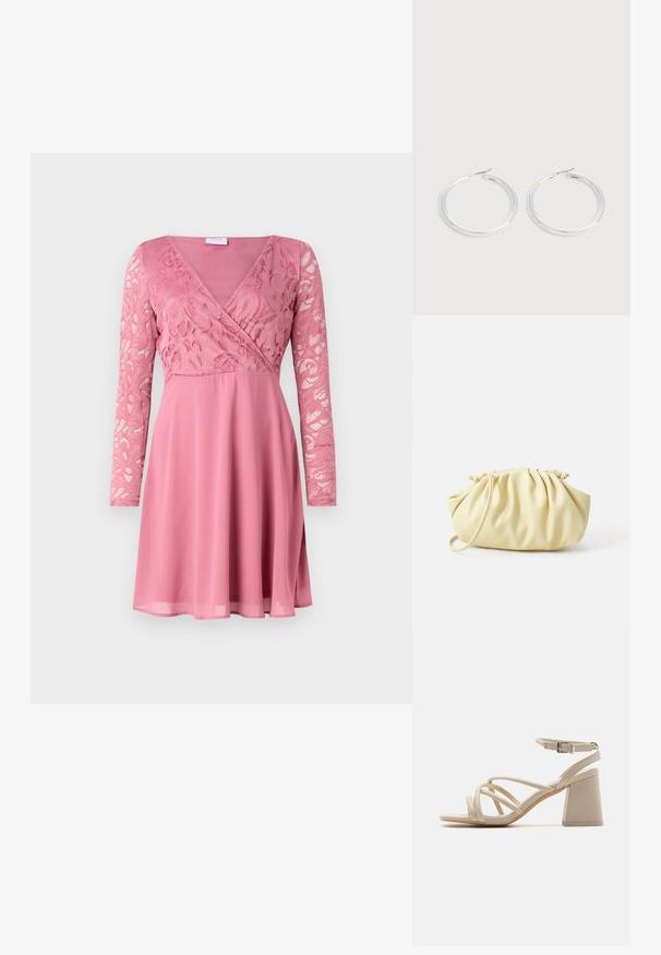 Robe rose avec un corsage en dentelle ajusté, des manches longues, un décolleté en V et une jupe fluide en tissu doux.; Sandales à talons beiges avec des brides entrecroisées, une boucle à la cheville et un talon carré pour plus de stabilité. Texture lisse semblable au cuir.; Sac à main plissé jaune en simili cuir lisse, arborant une forme douce avec une bandoulière unique et un design froncé sur le dessus.; Paire de boucles d'oreilles créoles argentées brillantes avec fermoirs en fil fin, présentée sur un fond gris clair.