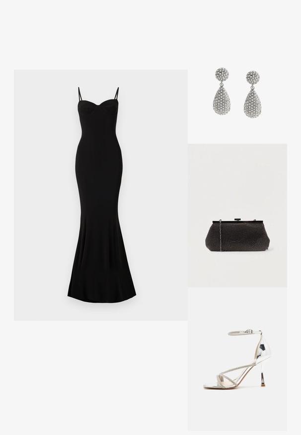Vestido negro ajustado con tirantes finos y escote en forma de corazón; textura suave, dobladillo acampanado y sin patrones ni adornos visibles.; Sandalia de tacón alto plateada con un diseño de tiras, material brillante, acentos de strass y una correa delgada en el tobillo. Punta cuadrada y tacón pulido.; Bolso de mano negro de malla con una silueta estructurada, adornado con pequeños tachuelas metálicas, que cuenta con un cierre de broche y una correa de cadena desmontable.; Pendientes colgantes en tono plata con tachuelas redondas y colgantes en forma de gota, ambos cubiertos de pequeñas piedras de imitación transparentes.