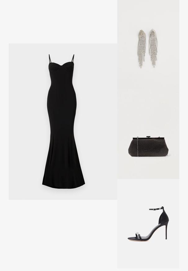 Robe noire ajustée avec des bretelles spaghetti et un décolleté en coeur ; texture lisse, ourlet évasé et sans motifs ni ornements visibles.; Sandale à talon haut en satin noir avec une sangle fine, une boucle à la cheville et un accent décoratif en strass sur la bride avant.; Pochette noire en mesh avec une silhouette structurée, ornée de petits clous métalliques, dotée d'une fermeture à clip et d'une bandoulière en chaîne détachable.; Boucles d'oreilles en argent présentant un design en cascade avec plusieurs rangées de strass scintillants, des pointes effilées et de délicates nuances de chaîne.