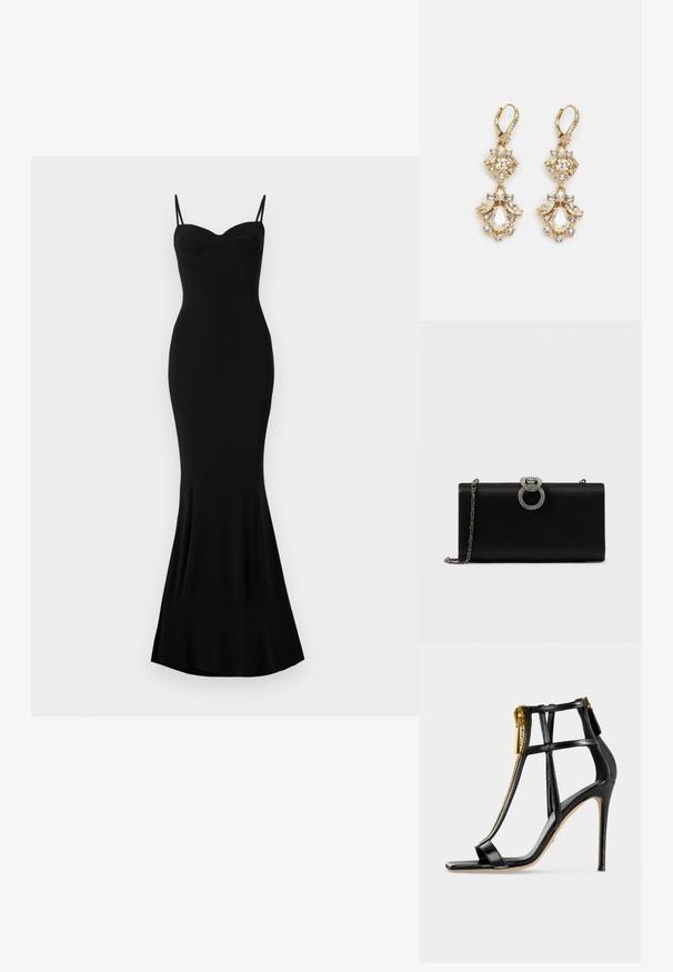 Robe noire ajustée avec des bretelles spaghetti et un décolleté en coeur ; texture lisse, ourlet évasé et sans motifs ni ornements visibles.; Sandale noire à talons hauts avec de fines lanières, un bout carré et un détail à fermeture éclair dorée sur fond clair.; Pochette en satin noir avec une fermeture circulaire en métal argenté ornée de strass, dotée d'une chaîne amovible.; Boucles d'oreilles pendantes dorées présentant un design en grappe avec des cristaux clairs ronds et en forme de goutte, mettant en valeur des détails élaborés.