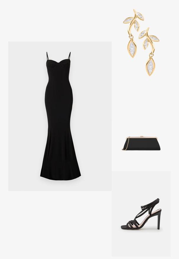 Vestido negro ajustado con tirantes finos y escote en forma de corazón; textura suave, dobladillo acampanado y sin patrones ni adornos visibles.; Bronx ALADIN - Sandalias - black; Bolso de mano negro rectangular con marco metálico dorado y correa de cadena sobre fondo blanco.; DIAMANT L'ÉTERNEL Pendientes - gold coloured