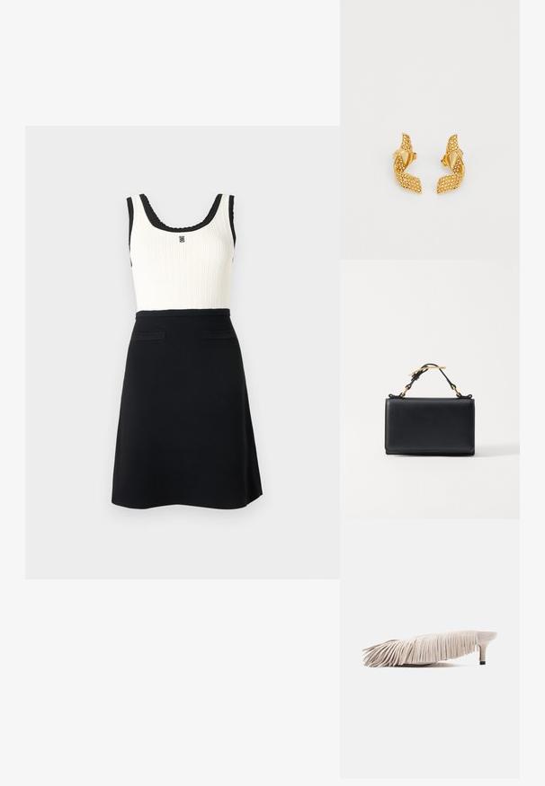 Robe sans manches noire et blanche avec haut blanc côtelé, bordure noire, emblème décoratif sur la poitrine, et jupe trapèze noire unie avec deux poches avant.; Mule en daim beige avec talon bas style kitten et franges superposées couvrant la tige, présenté de profil sur un fond blanc.; Sac à main en cuir noir de forme rectangulaire, doté d'une anse supérieure et d'accents en métal doré. Texture lisse, design minimaliste.; Boucles d'oreilles dorées au design de feuille torsadée, ornées de petits pierres scintillantes, et maintenues par un fermoir à tige.