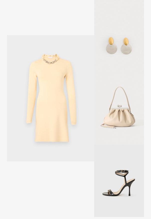 Rabanne Vestido de tubo - cream; Sandalia de tacón alto de charol negro con tira delgada en el tobillo y hebilla, punta abierta y tacón aguja esbelto sobre fondo blanco.; Bolso de mano de cuero suave beige con cierre de marco metálico plateado, una correa para el hombro y una correa de cadena opcional sobre un fondo blanco.; Pendientes de metal dorado y plateado con base de disco redondo y pieza superior ovalada, textura suave y acabado pulido.