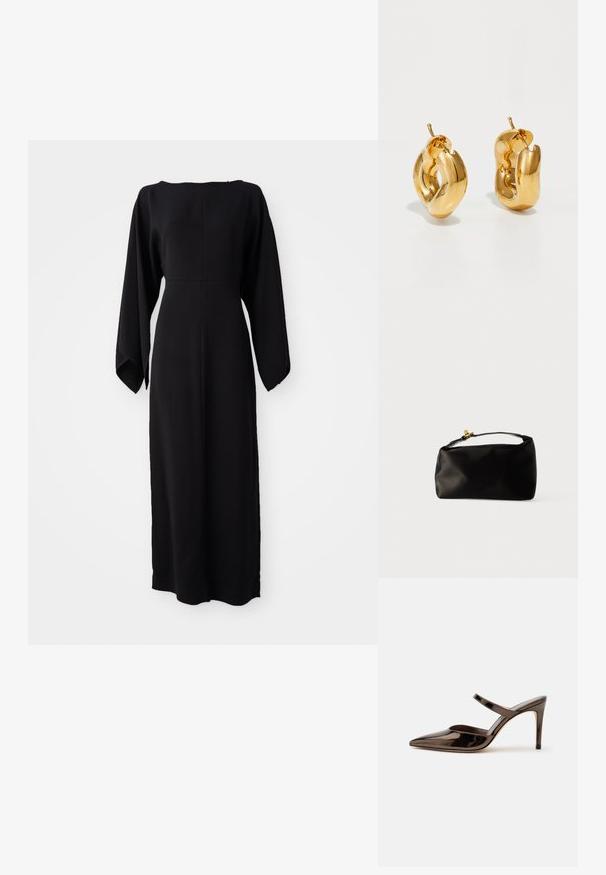 Sort langærmet kjole med lige snit, der har en bådudskæring og blød, glat tekstur. Ingen synlige mønstre eller hardware detaljer.; Skinnende mørkebrune mule med spids tå og høje hæle med en tynd rem over foden på en ensfarvet hvid baggrund.; Sort satinpung med en afrundet form, et håndtag i toppen og en guldaccentlås. Glat tekstur med et minimalistisk design.; Chunky guld hoop øreringe med et let snoet, rørformet design og postsystem bagpå, på en hvid baggrund.
