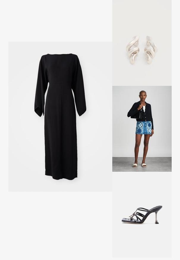 Vestido negro de manga larga con corte recto, con un escote barco y textura suave y lisa. Sin patrones visibles ni detalles de hardware.; Sandalia negra de tacón alto con tiras, punta cuadrada y tacón de aguja delgado, con tiras superpuestas y un detalle anudado en la parte superior.; Cárdigan negro de punto, blusa blanca, falda de mezclilla con patrón de diamantes en azul y negro, bolso negro y sandalias deslizantes beige.; Pendientes de clip de metal plateado retorcido con un acabado liso y brillante, que presentan un diseño moderno y abstracto en espiral.