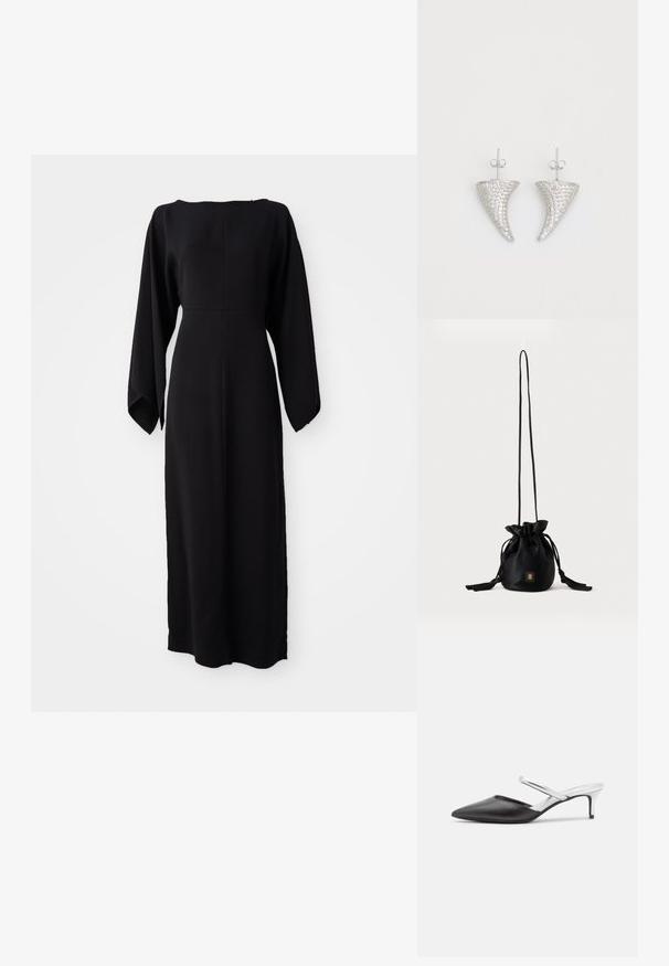 Vestido negro de manga larga con corte recto, con un escote barco y textura suave y lisa. Sin patrones visibles ni detalles de hardware.; Zapatos de tacón abierto de piel negra con puntera puntiaguda, que cuentan con una correa de tobillo plateada y un tacón metálico bajo. Acabado texturizado en el material.; Bolso tipo bucket negro con cordón, con una correa larga y delgada y un pequeño logo cuadrado dorado en la parte delantera, mostrado sobre un fondo liso.; Pendientes en forma de cuerno plateado, engastados con pequeñas piedras transparentes, que cuentan con un cierre trasero para su sujeción. Textura suave y acabado metálico.